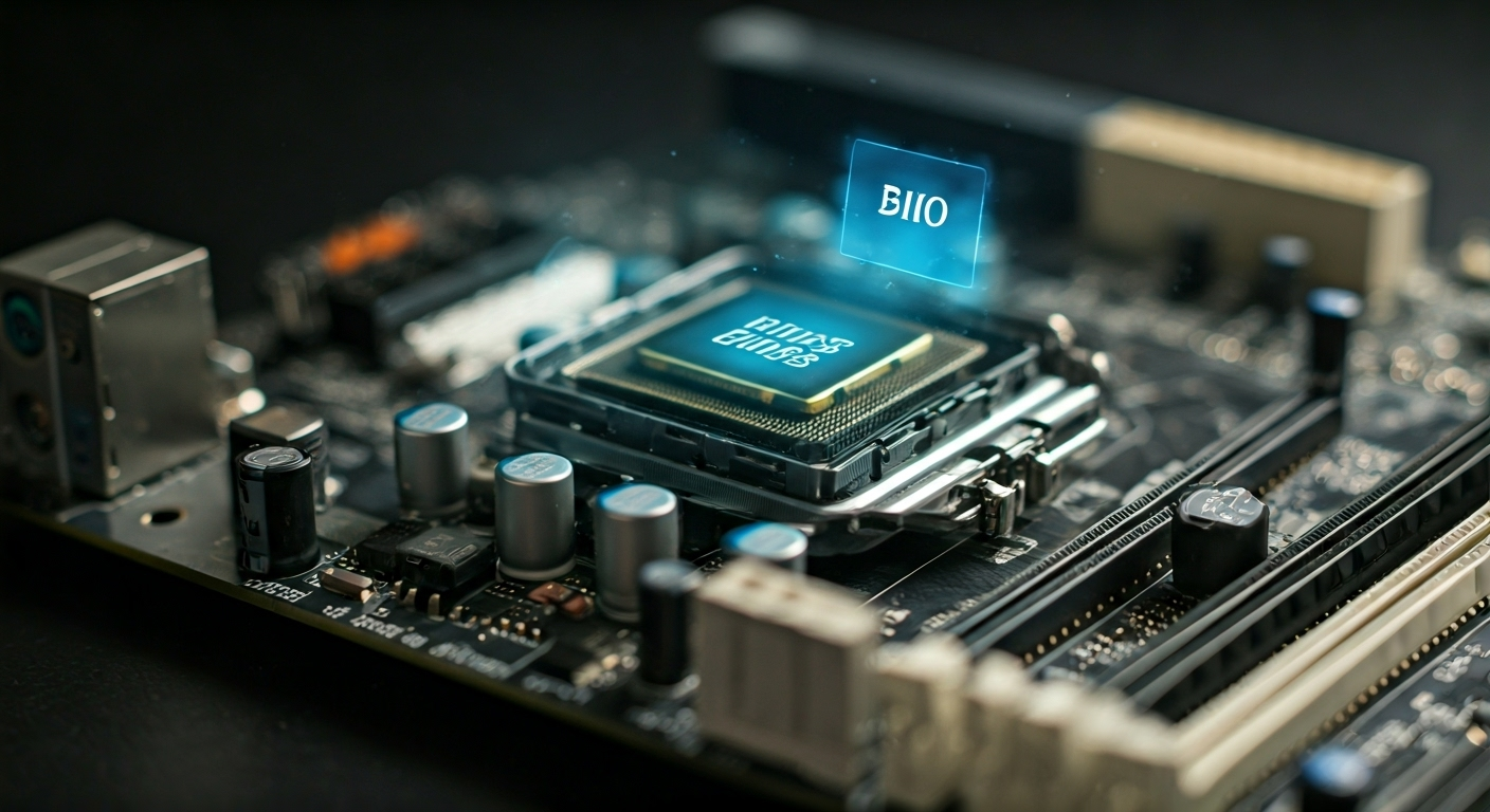 Motherboard BIOS chip with virtualization icons