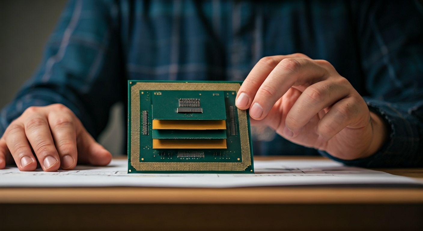 Person showing CPU and diagram