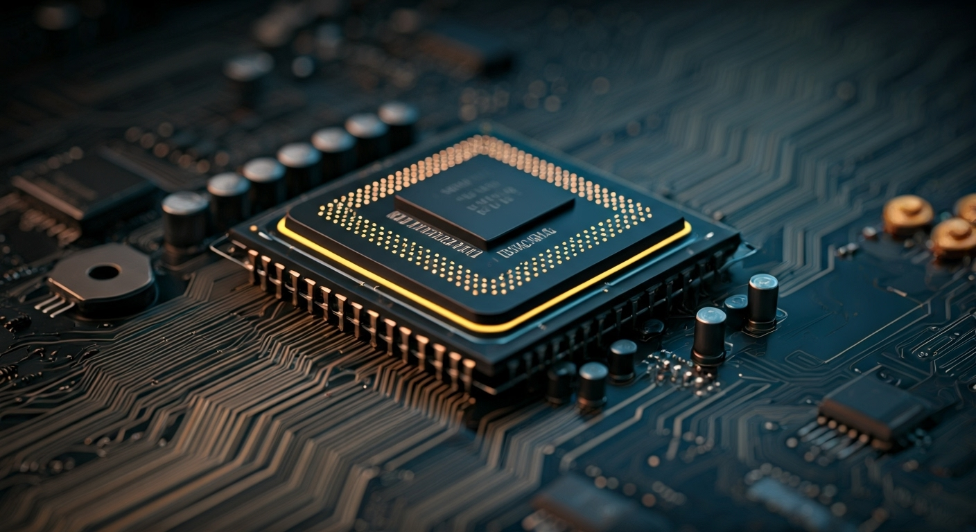 Modern CPU chip glowing on motherboard